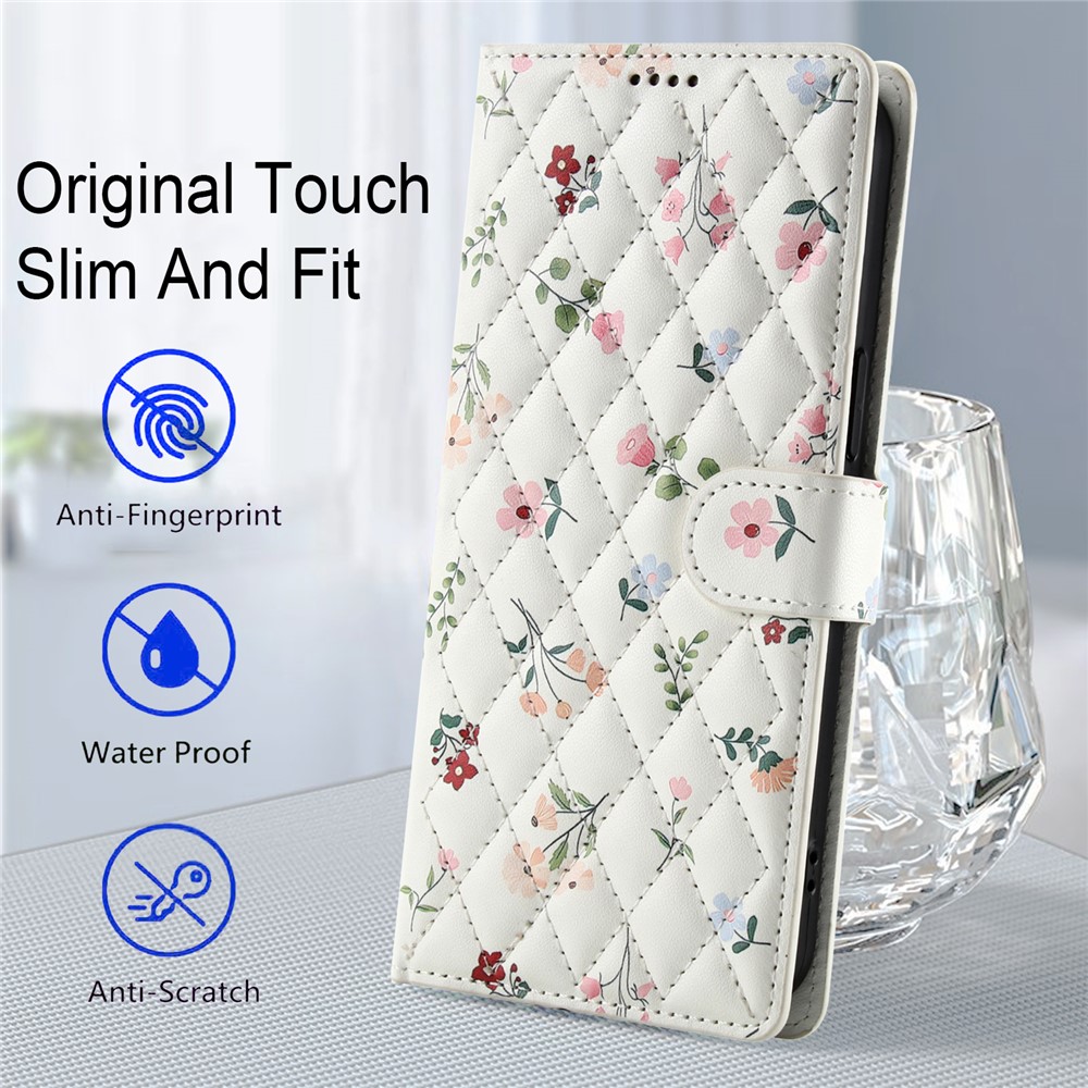  Samsung Galaxy A37/A36/A56 Fodral Rhombus Läder Blommor Vit