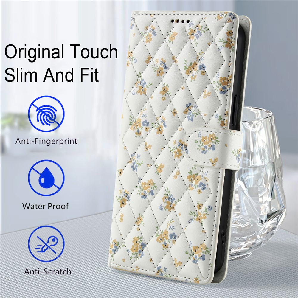  Samsung Galaxy A37/A36/A56 Fodral Rhombus Läder Blommor Vit