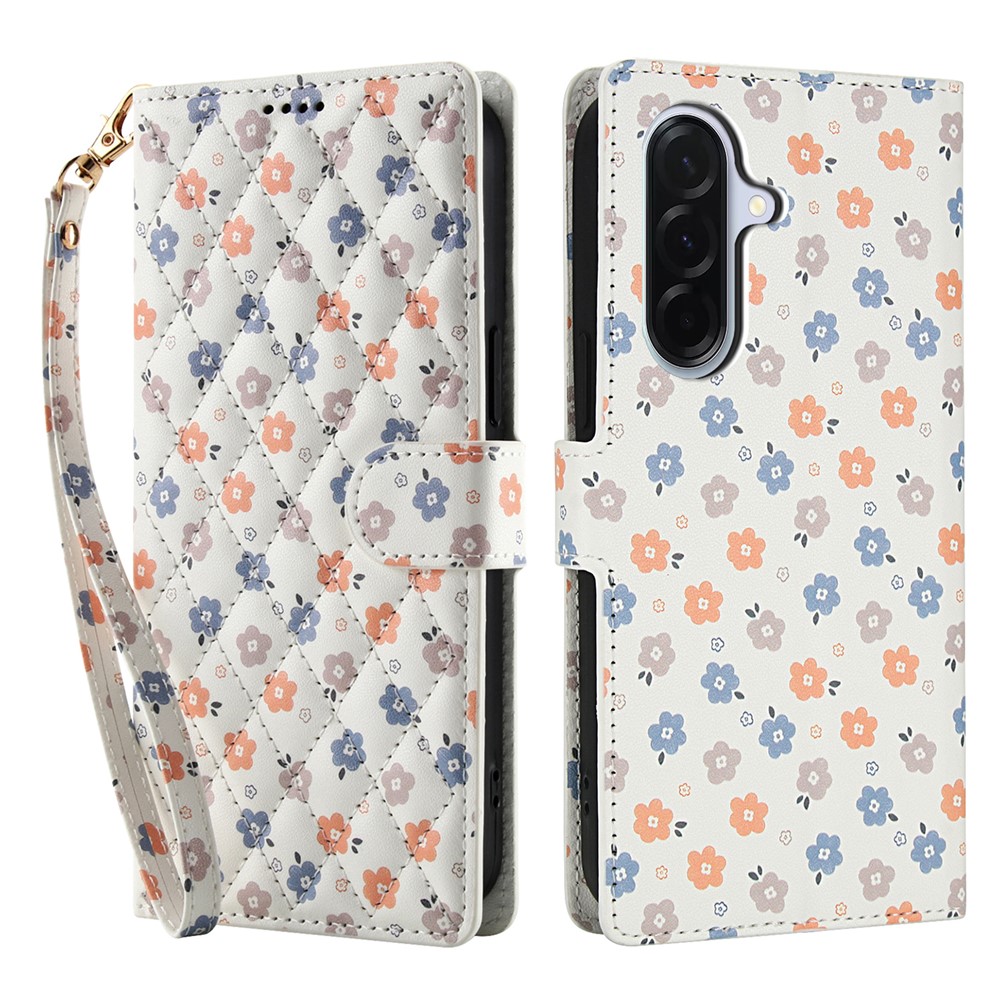  Samsung Galaxy A57 5G Fodral Rhombus Läder Blommor Vit