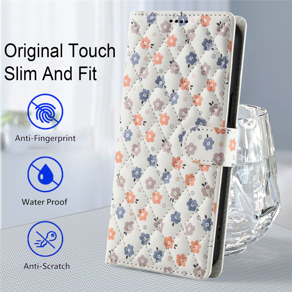  Samsung Galaxy A57 5G Fodral Rhombus Läder Blommor Vit