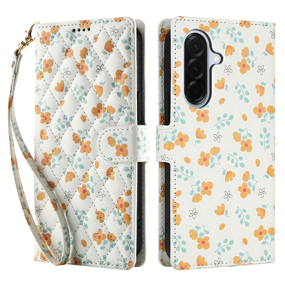  Samsung Galaxy A57 5G Fodral Rhombus Läder Blommor Vit