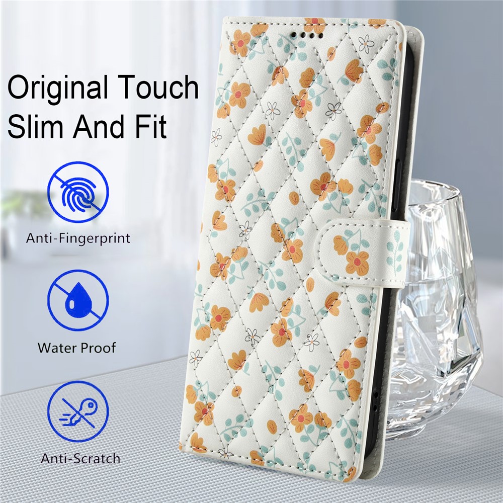  Samsung Galaxy A57 5G Fodral Rhombus Läder Blommor Vit