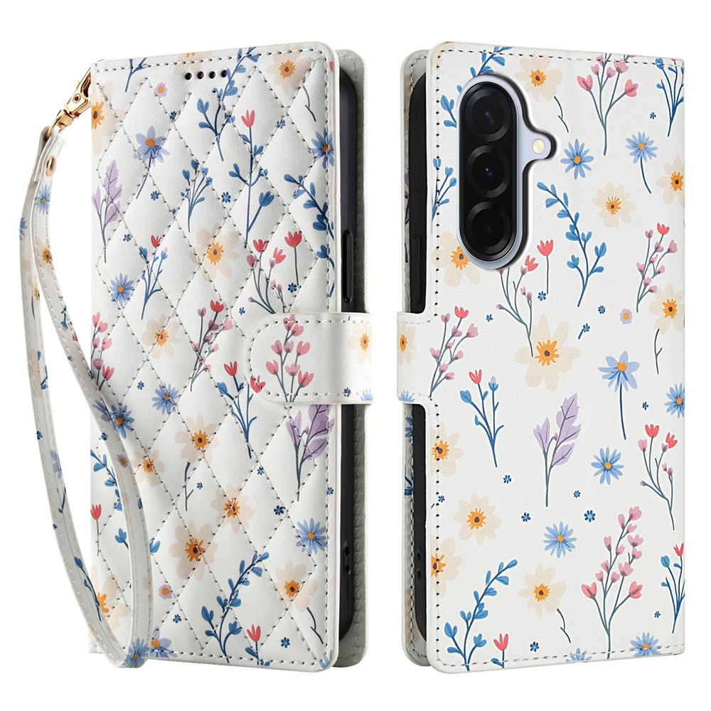  Samsung Galaxy A57 5G Fodral Rhombus Läder Blommor Vit