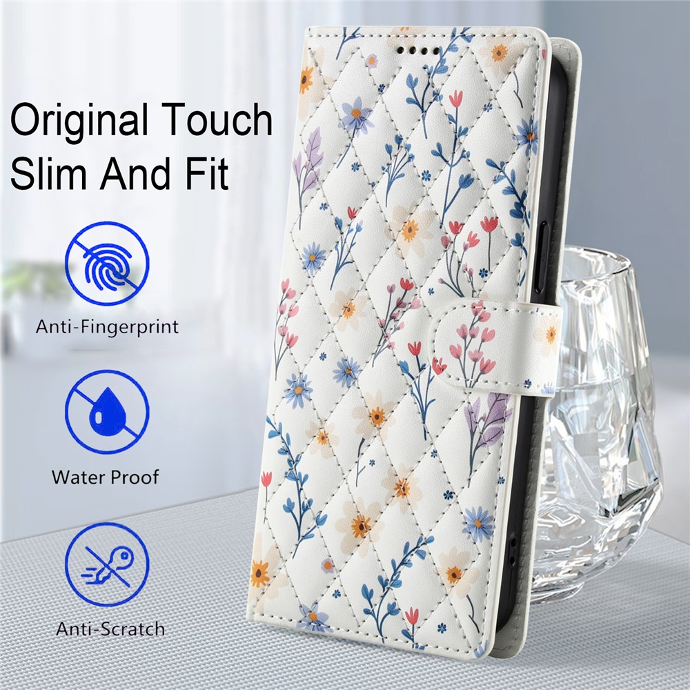  Samsung Galaxy A57 5G Fodral Rhombus Läder Blommor Vit
