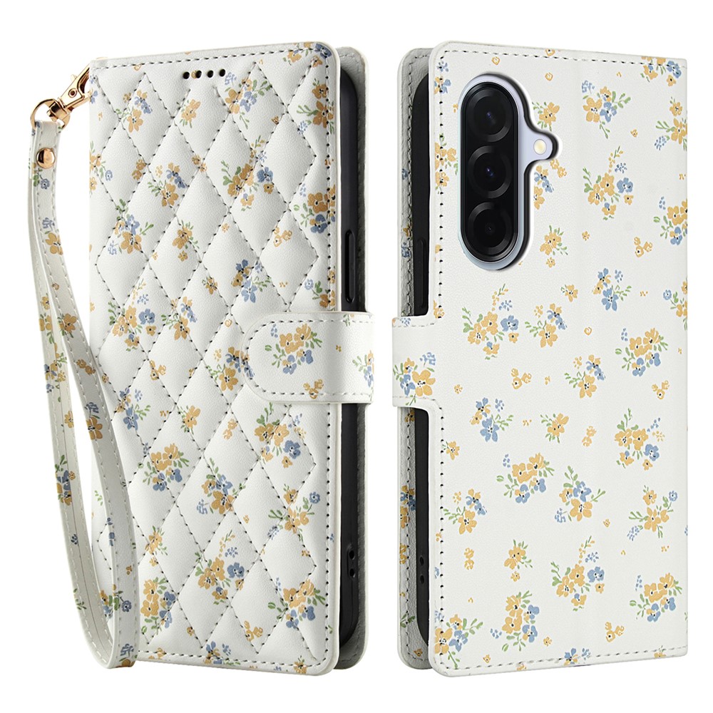  Samsung Galaxy A57 5G Fodral Rhombus Läder Blommor Vit