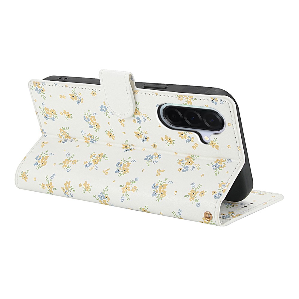  Samsung Galaxy A57 5G Fodral Rhombus Läder Blommor Vit