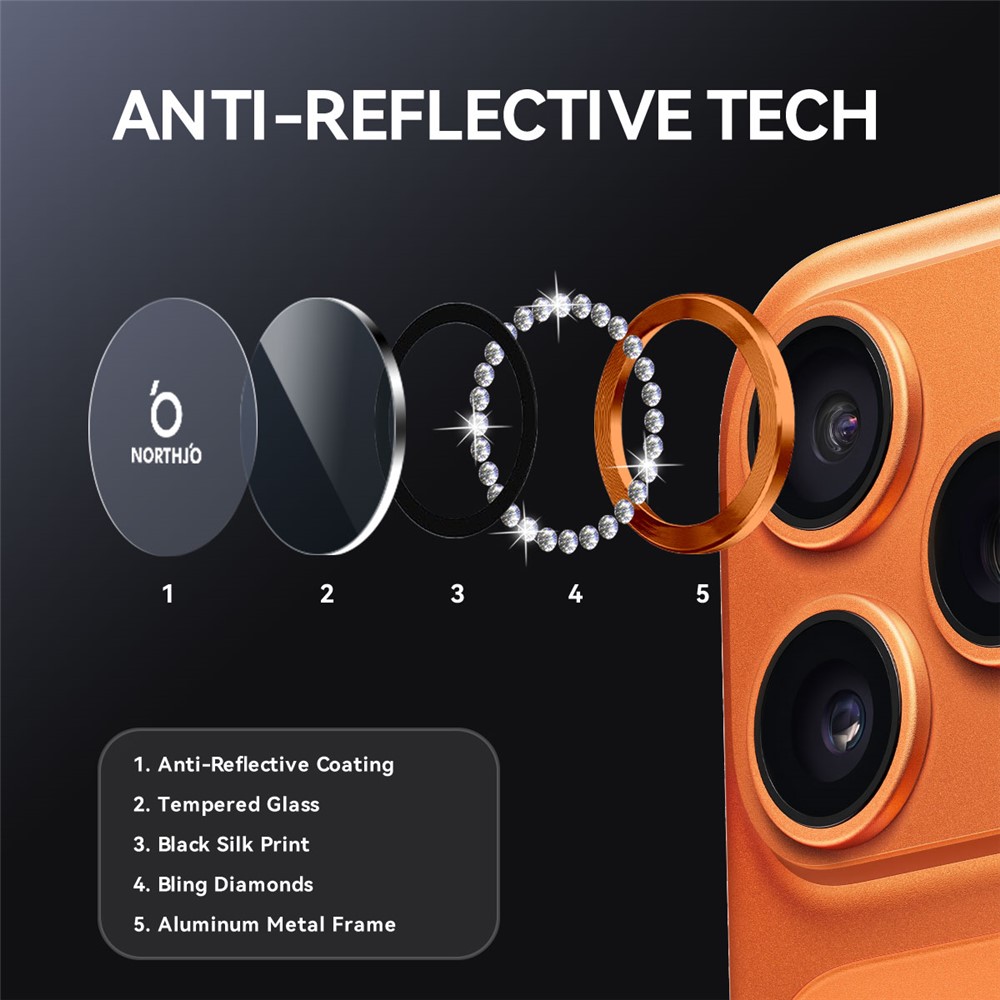 NORTHJO NORTHJO iPhone 17 Pro/17 Pro Max Linsskydd Strass Orange