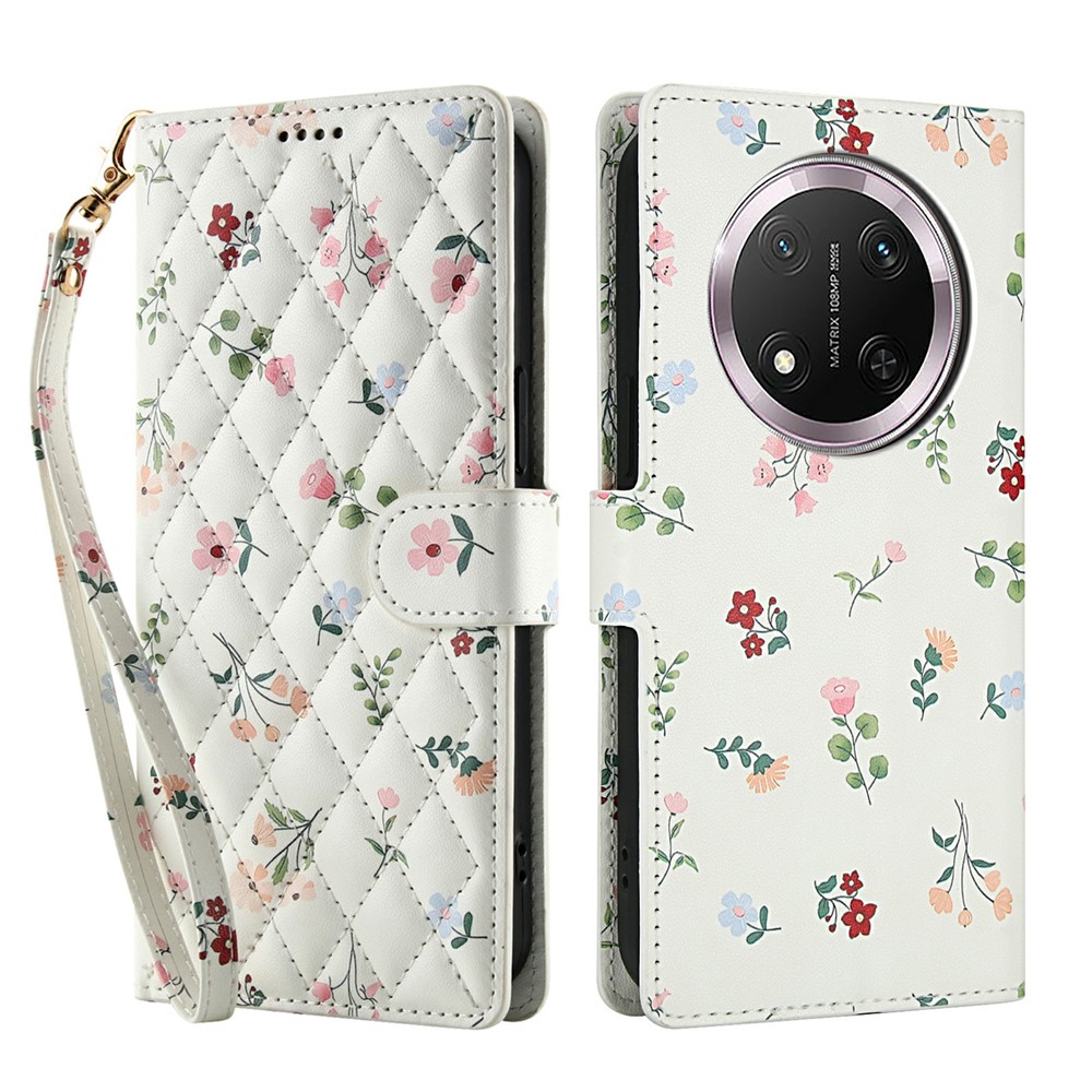  Honor Magic7 Lite Fodral Rhombus Läder Blommor Vit