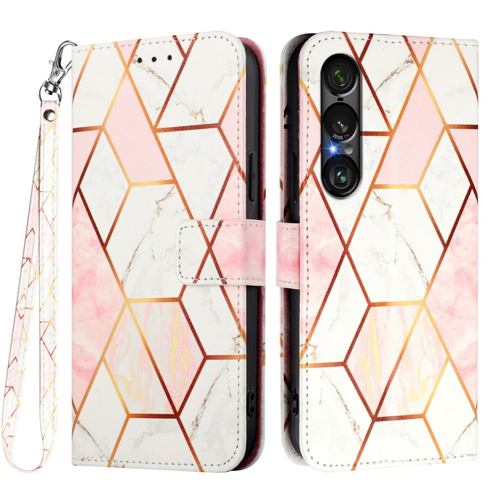  Sony Xperia 1 VII Fodral Läder Marmor Rosa / Vit
