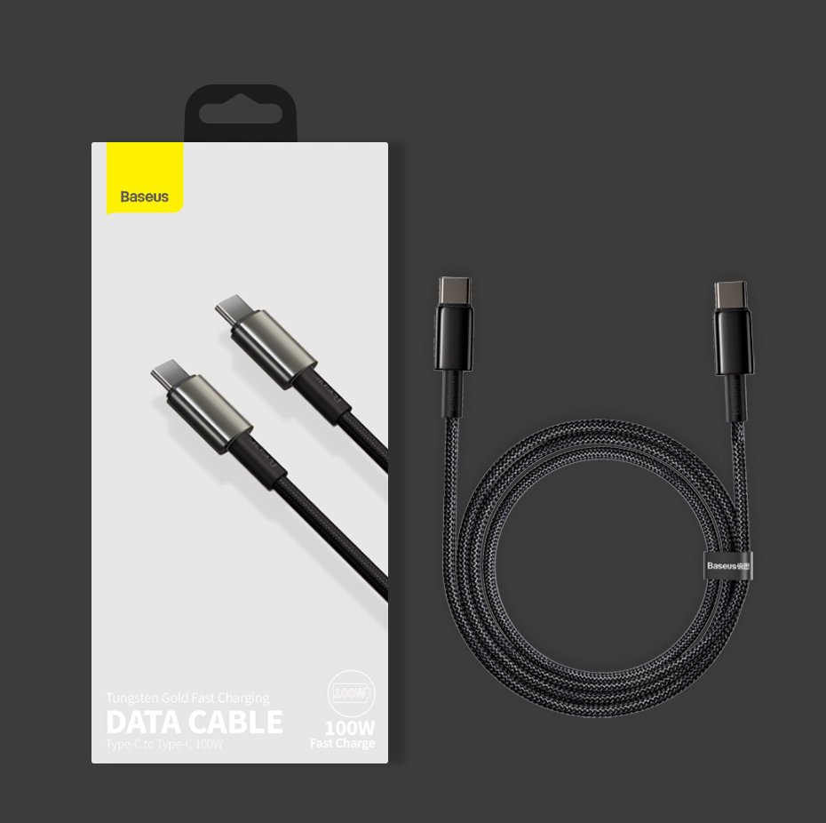 BASEUS Baseus Tungsten 2m 100W 5A PD QC USB-C - USB-C Flätad Nylon Kabel - Svart