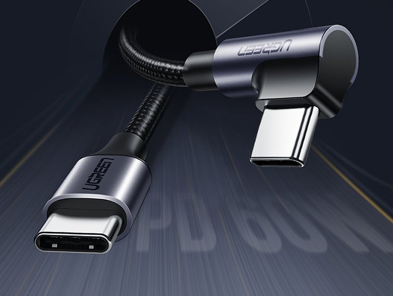 UGREEN Ugreen 1m 60W 3A Elbow USB-C - USB-C Flätad Nylon Kabel - Svart/Grå