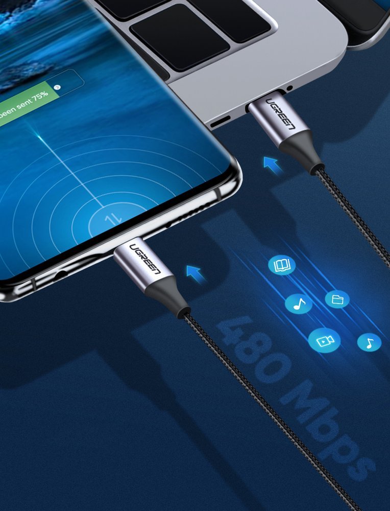 UGREEN Ugreen 1m 60W 3A USB-C - USB-C Flätad Nylon Kabel - Svart/Grå