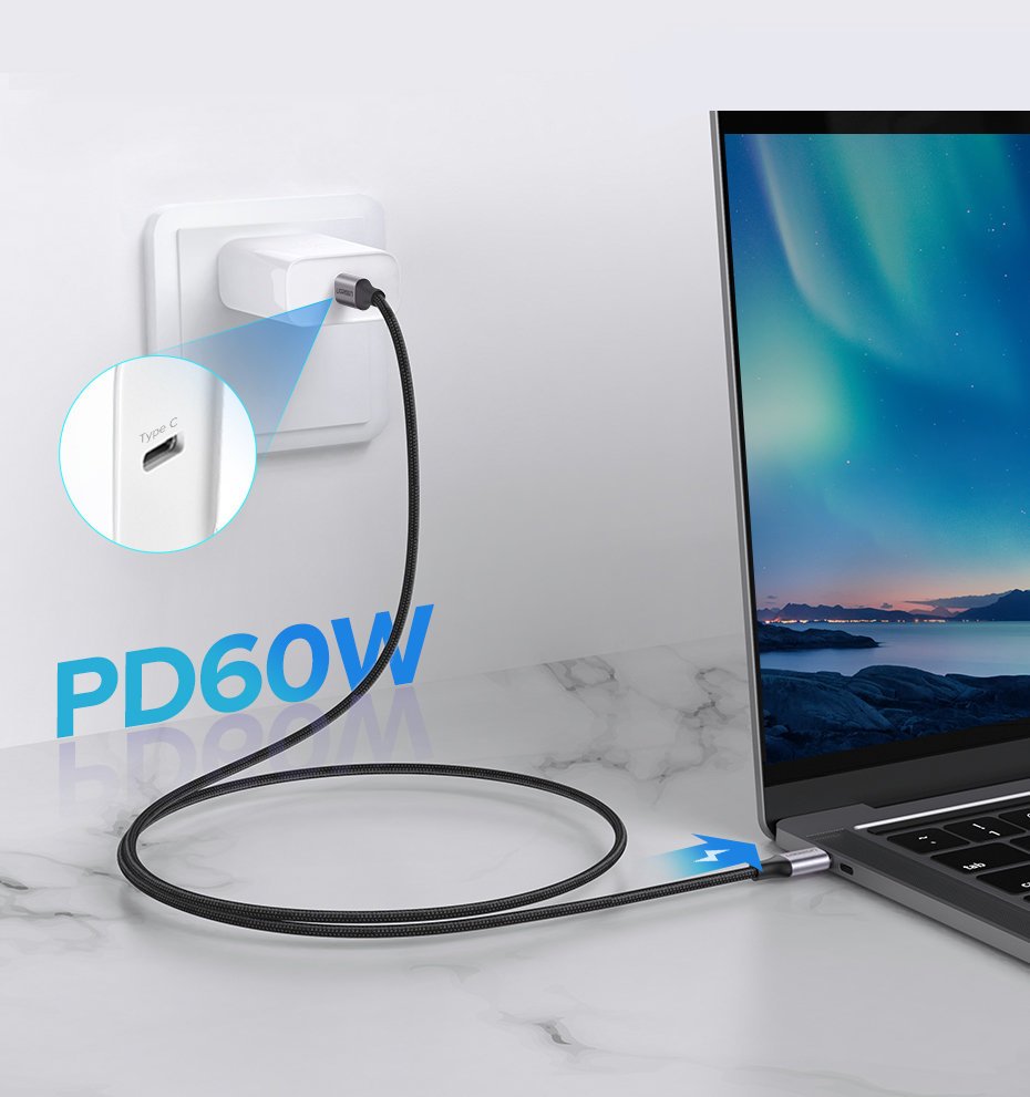 UGREEN Ugreen 1m 60W 3A USB-C - USB-C Flätad Nylon Kabel - Svart/Grå