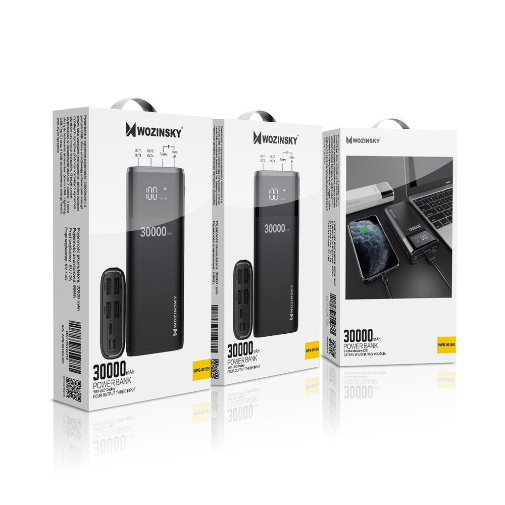 Wozinsky Wozinsky 30000 mAh Power Bank 4A 4x USB Med Display - Svart