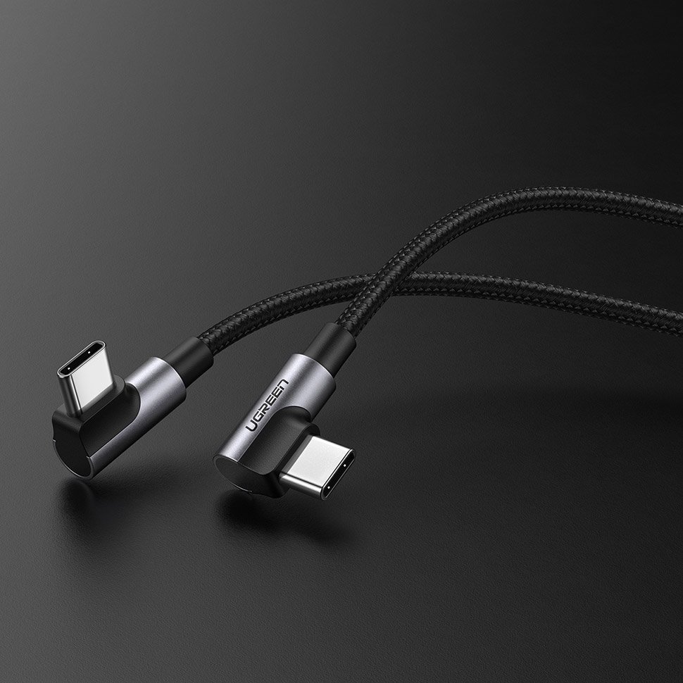 UGREEN Ugreen 1m 3A Elbow USB-C PD QC FPC Flätad Nylon Kabel Svart/Grå