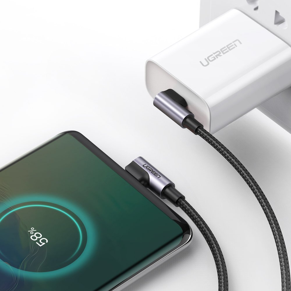 UGREEN Ugreen 1m 3A Elbow USB-C PD QC FPC Flätad Nylon Kabel Svart/Grå