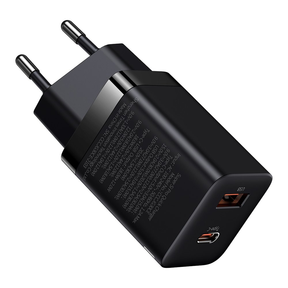BASEUS Baseus 30W Super Pro USB-C / USB-A PD QC Väggladdare Svart