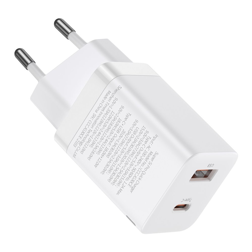BASEUS Baseus 30W Super Pro USB-C / USB-A PD QC Väggladdare Vit
