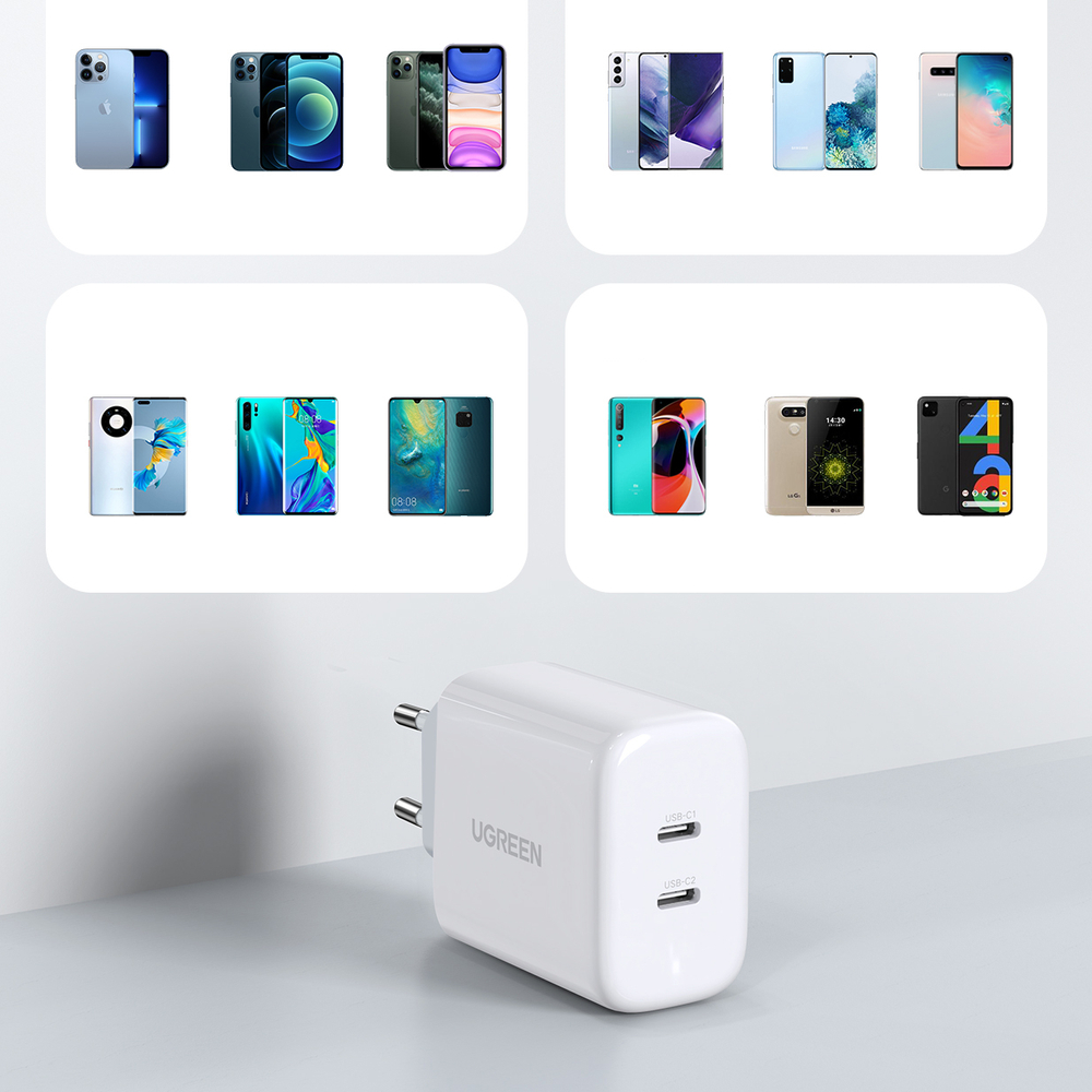UGREEN Ugreen 40W 2x USB-C PD Snabbladdare Väggladdare Vit