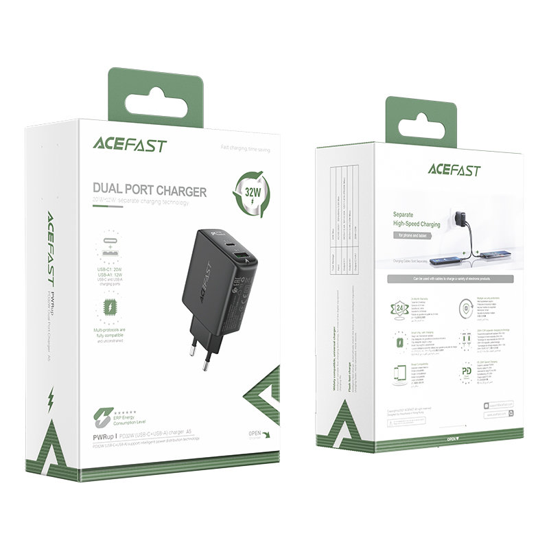 Acefast Acefast 32W PD PPS QC USB-C / USB-A Väggladdare Svart
