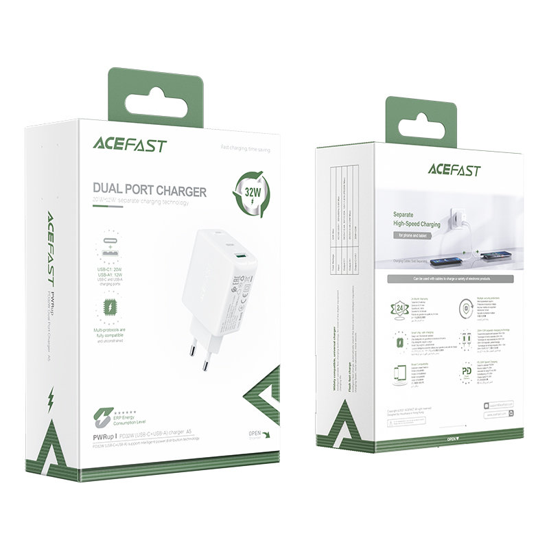 Acefast Acefast 32W PD PPS QC USB-C / USB-A Väggladdare Vit