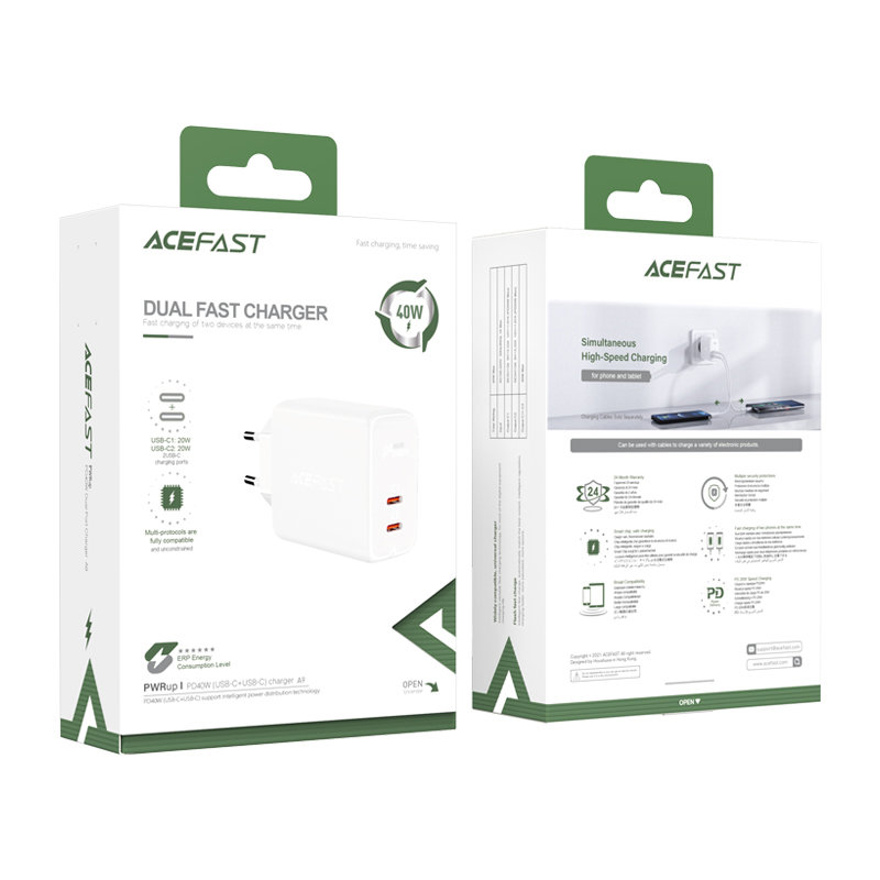 Acefast Acefast 40W PD PPS QC 2x USB-C Väggladdare Vit