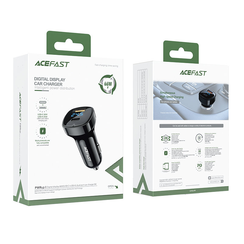 Acefast Acefast 66W PD PPS QC Billaddare USB-C / USB-A Svart