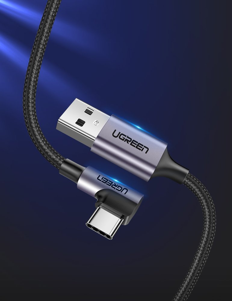 UGREEN Ugreen 2m 3A Elbow USB-C Flätad Nylonkabel - Grå