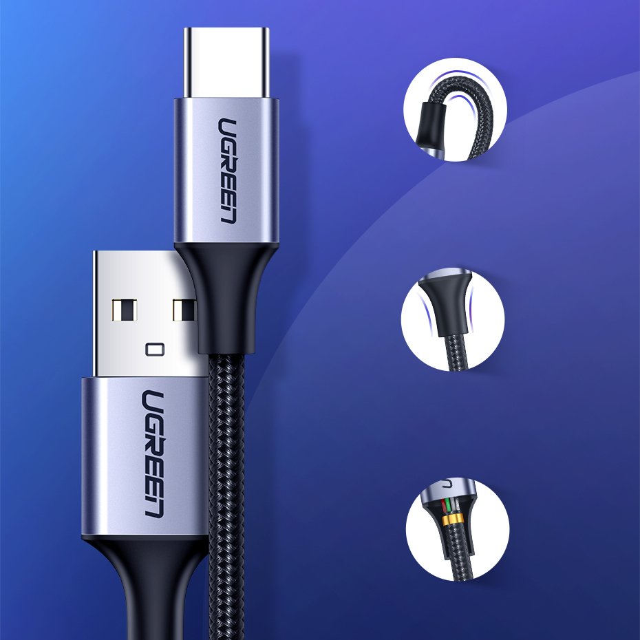 UGREEN Ugreen 3A 2m QC3.0 USB-C Flätad Nylonkabel - Grå