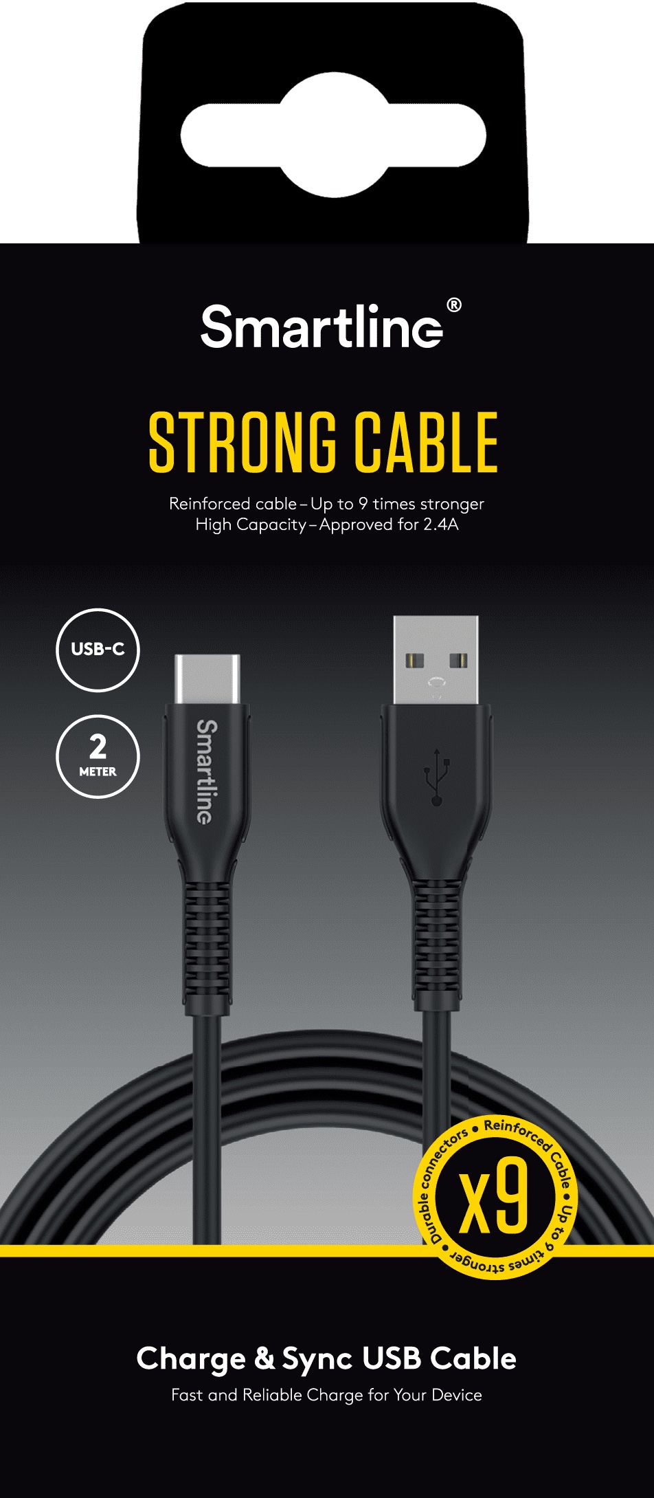 Smartline Smartline 2m 3A USB-C Nylon Laddningskabel Svart