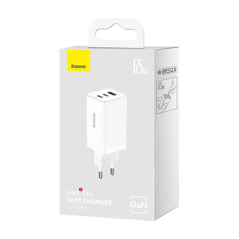 BASEUS Baseus 65W GaN5 Pro Väggladdare 2x USB-C 1x USB-A Vit