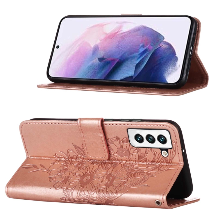  Samsung Galaxy S22 Fodral Butterfly Läder Roséguld