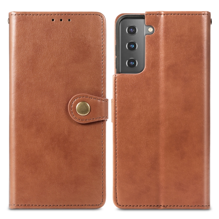  Samsung Galaxy S22 Fodral Solid Läder Magnetisk Mässing Brun