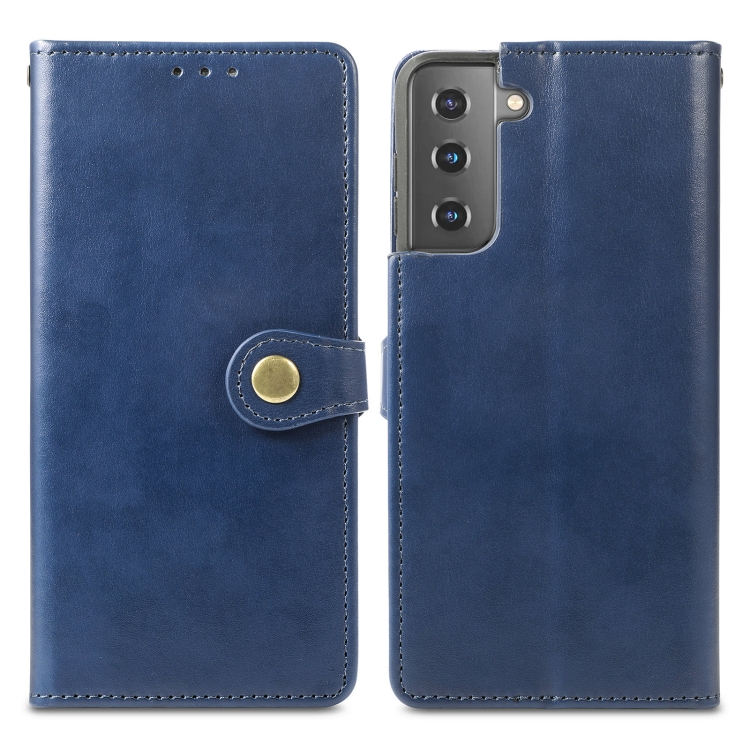  Samsung Galaxy S22 Fodral Solid Läder Magnetisk Mässing Blå