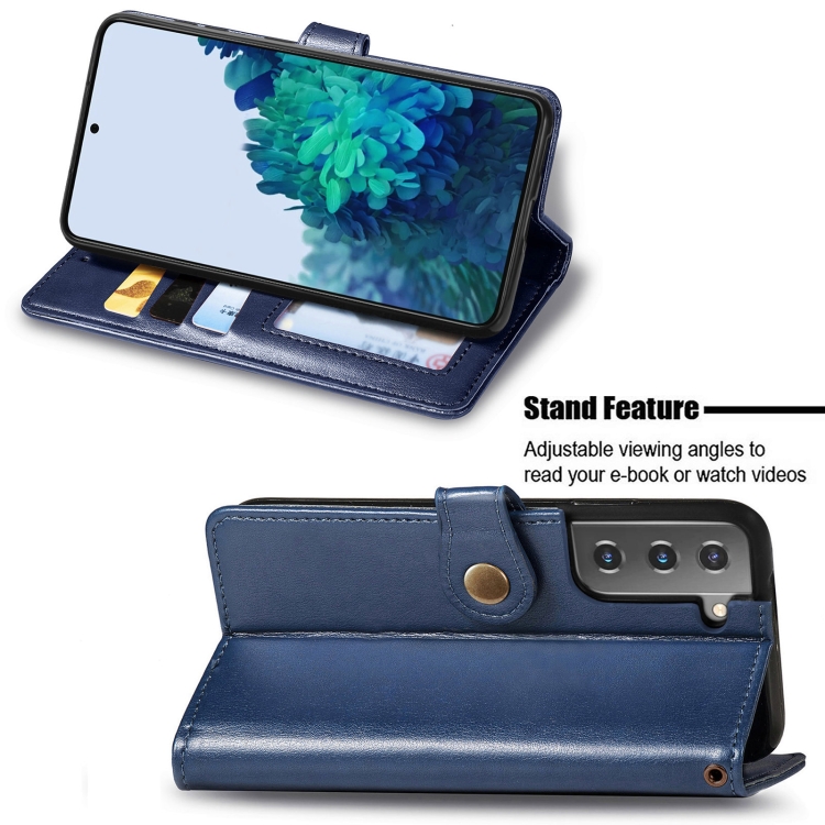  Samsung Galaxy S22 Fodral Solid Läder Magnetisk Mässing Blå