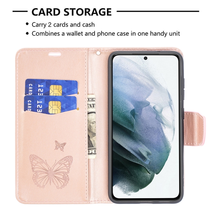  Samsung Galaxy S21 FE Fodral Butterfly Läder Roséguld