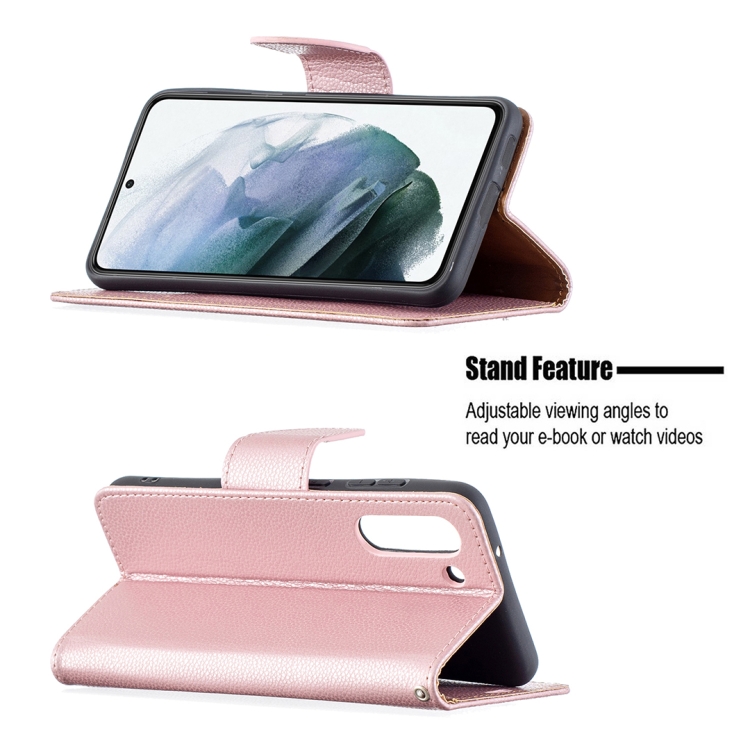  Samsung Galaxy S21 FE Fodral Litchi Textur Roséguld