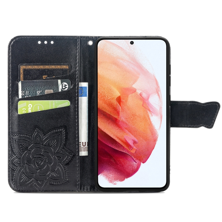  Samsung Galaxy S21 FE Fodral Big Butterfly Läder Svart