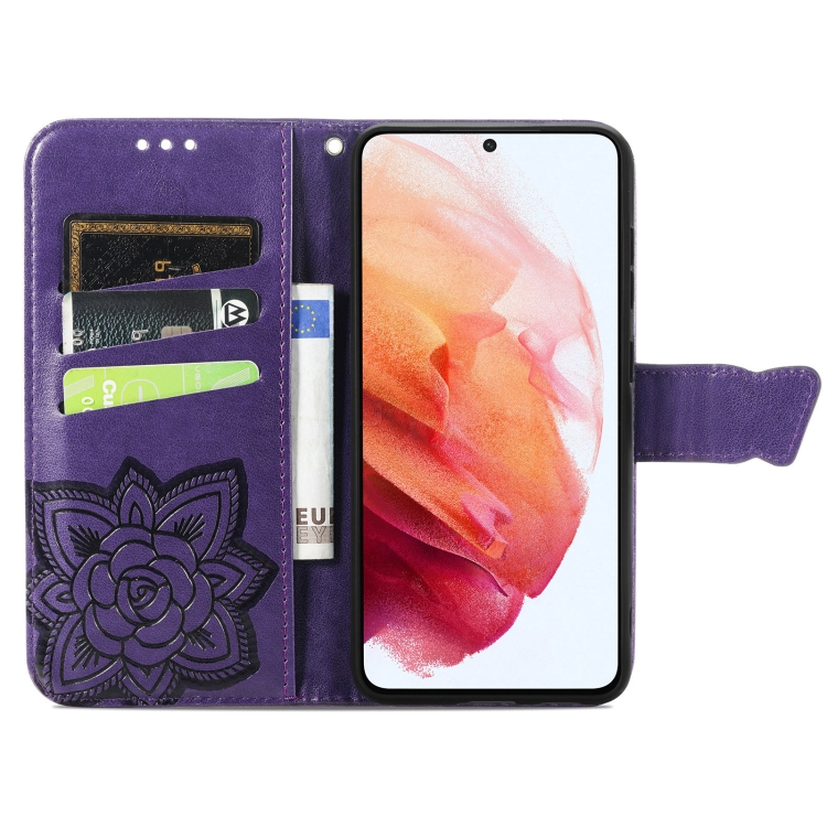  Samsung Galaxy S21 FE Fodral Big Butterfly Läder Lila