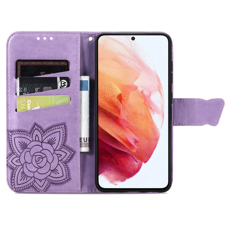  Samsung Galaxy S21 FE Fodral Big Butterfly Läder Lila