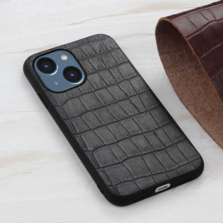  iPhone 14 Skal Krokodil Textur Äkta Läder Svart