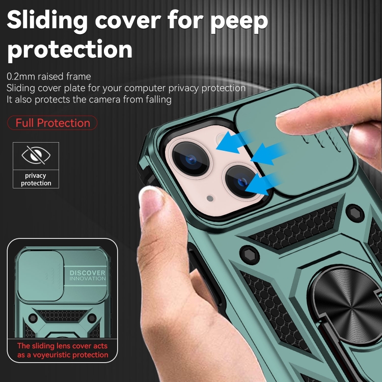  iPhone 14 Skal Ring Armor Med CamShield Grön
