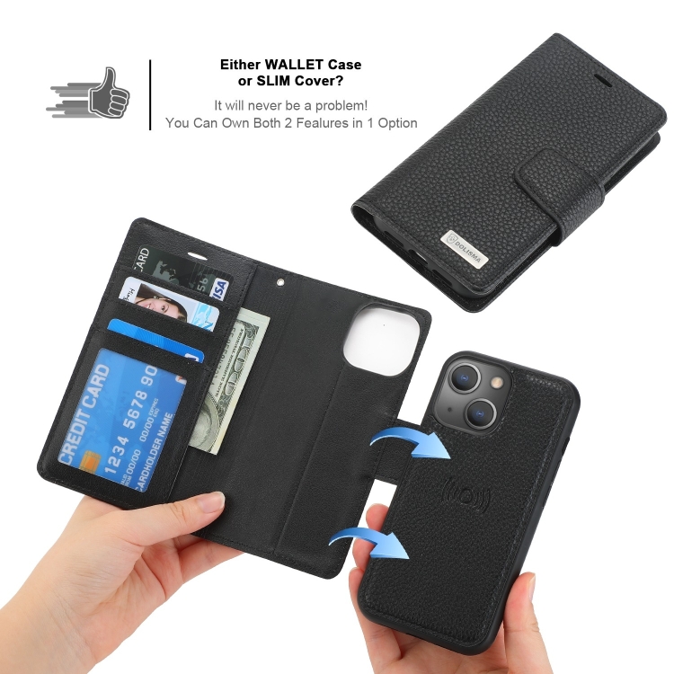  iPhone 14 2in1 Litchi Magnet Fodral / Skal Svart