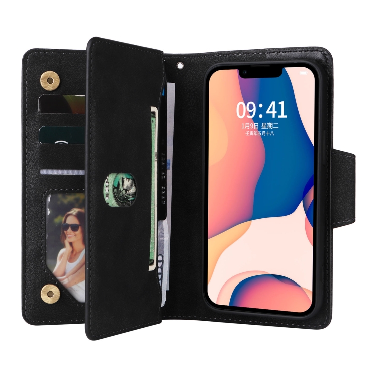  iPhone 14 Fodral 9-kort Multifunktionell Läder Svart
