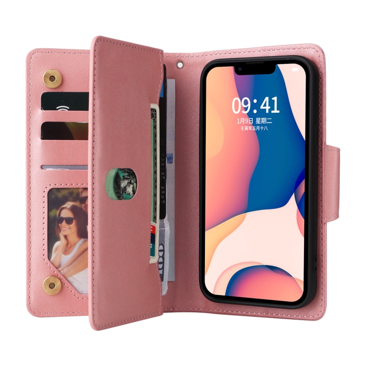  iPhone 14 Fodral 9-kort Multifunktionell Läder Roséguld
