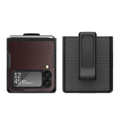  Samsung Galaxy Z Flip 4 Skal Litchi Med Bältesklämma Brun