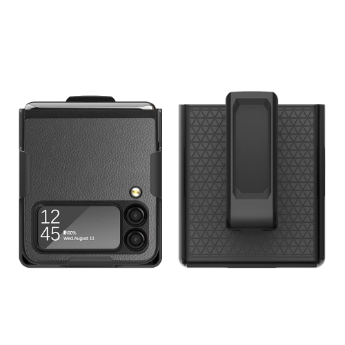  Samsung Galaxy Z Flip 4 Skal Litchi Med Bältesklämma Grå