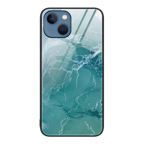  iPhone 14 Skal Marmor Härdat Glas Grönt Hav