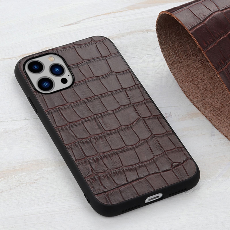  iPhone 14 Plus Skal Äkta Läder Krokodil Textur Brun