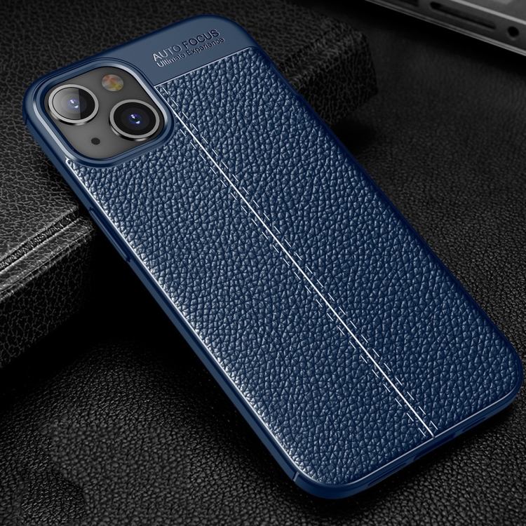  iPhone 14 Plus Skal Litchi Textur Blå